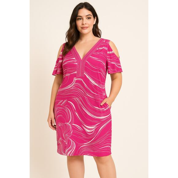 2/$30 BCBGMAXAZRIA Cold Shoulder V-Neck Sheath Dress Swirl Pink Womens XS Casual - Picture 1 of 9